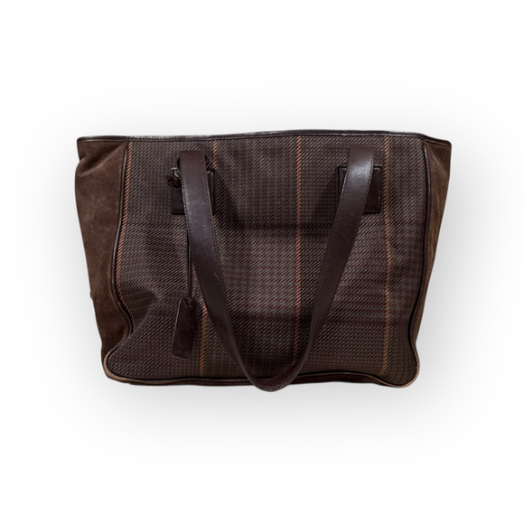 Vintage 90s Lauren Ralph Lauren Brown/Green Glen Plaid Tote Suede Trim - Picture 2 of 11